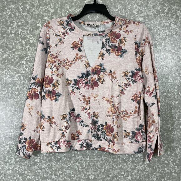 Gypsies & Moondust Pink Floral Neck Cutout Sweatshirt - Size Large - Lightweight - Picture 1 of 7
